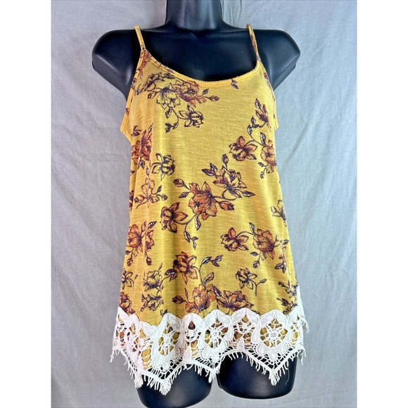 Rewind Tank Top Medium Yellow‎ Floral Boho Style Crochet Lace Trim Cami Blouse - Picture 1 of 13